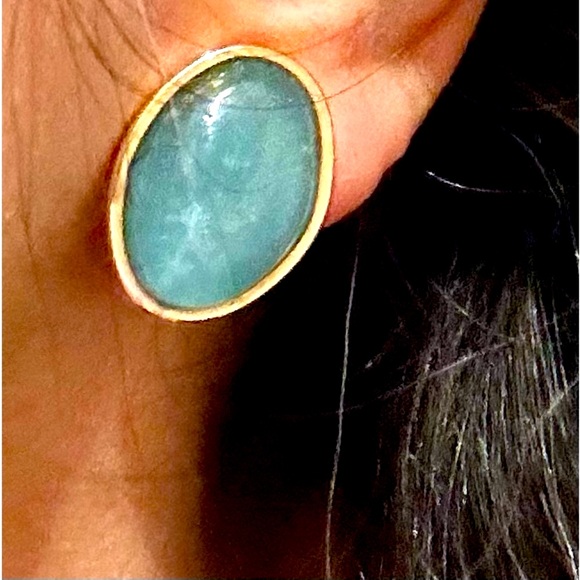 ILLUMINATING ESTATE TAMBETTI 14K BEZELED CABOCHON AQUAMARINE CLIP ON EARRINGS - Picture 6 of 12